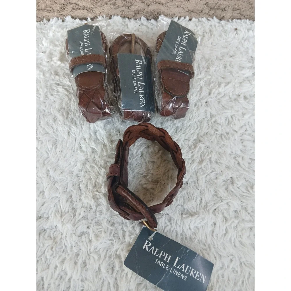 NWT Polo Ralph Lauren Brown Braided Leather Buckle Napkin Rings Set Of 4 Western